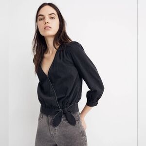 Madewell Black Light Wash Denim Wrap Top with Tie Detail Size L 💯 Cotton